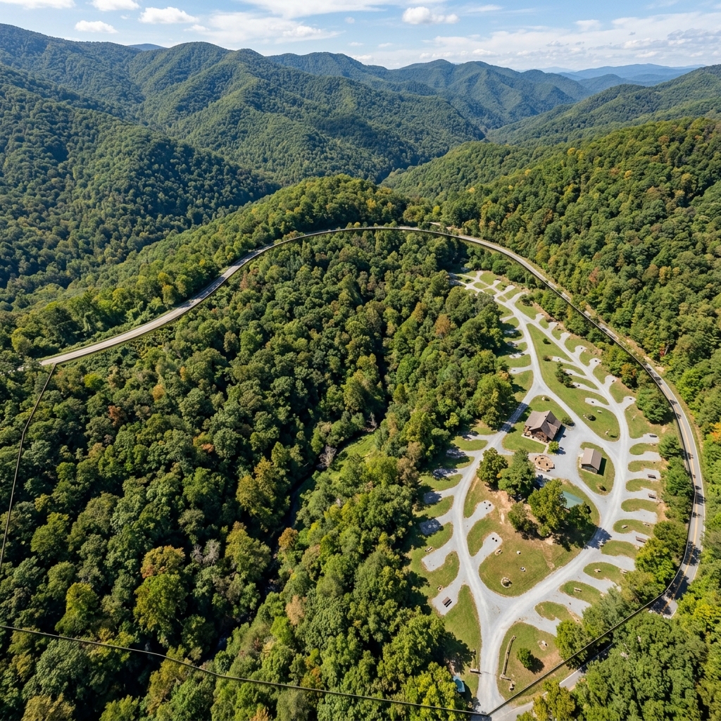 Aerial view of the Bryson City flagship property at Round Hill Road