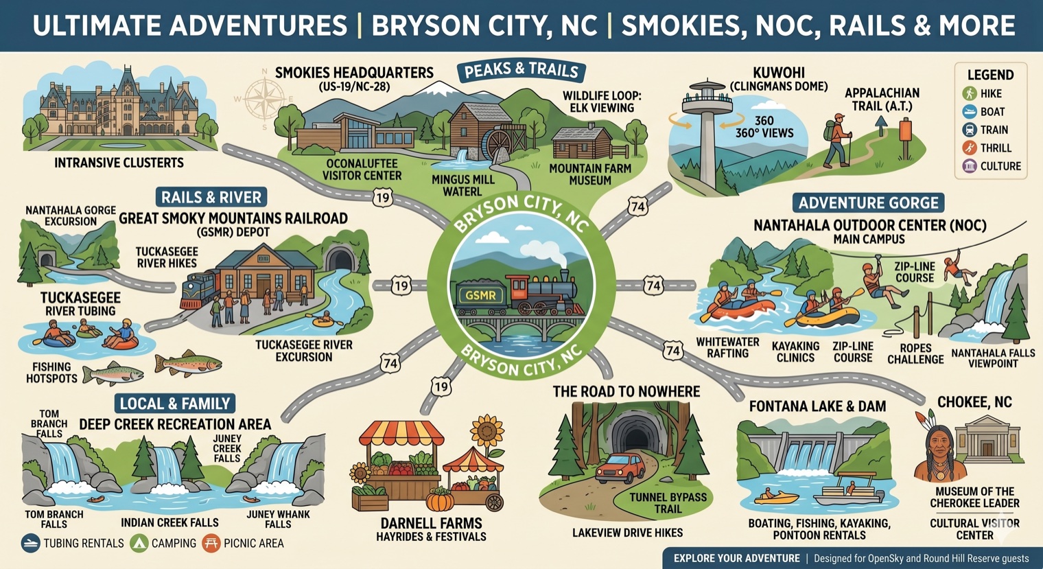 Detailed illustrated adventure map of Bryson City NC showing Rails and River, Peaks and Trails, Adventure Gorge, Local and Family attractions