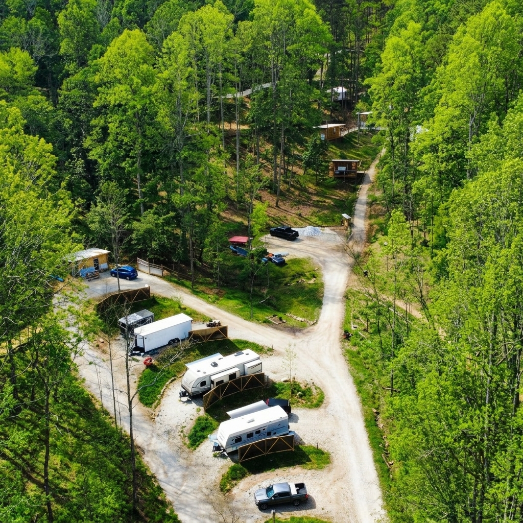 Lush summer aerial view of the Bryson City project site at Round Hill Road