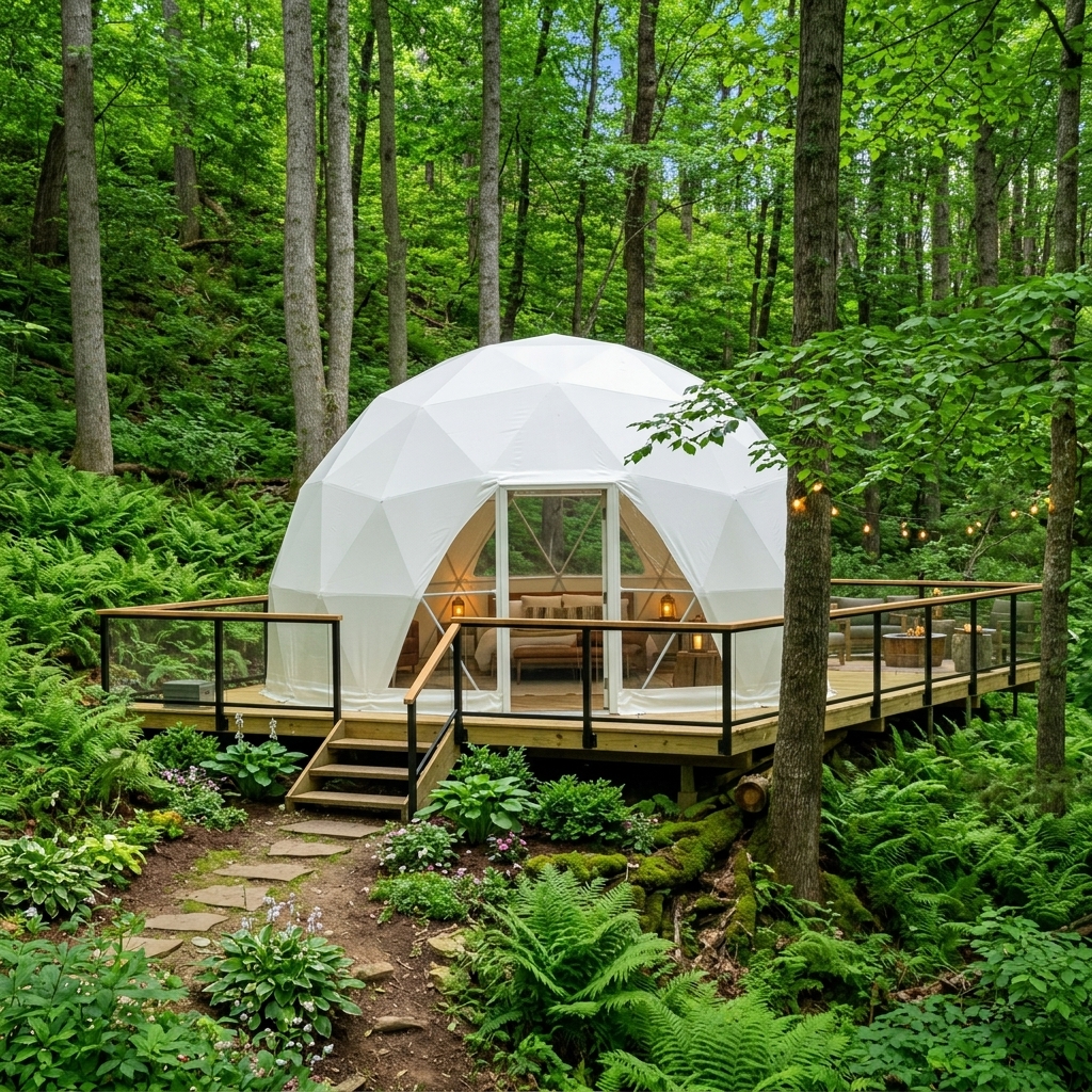 Close-up architectural render of the Ferncrest dome at sunset