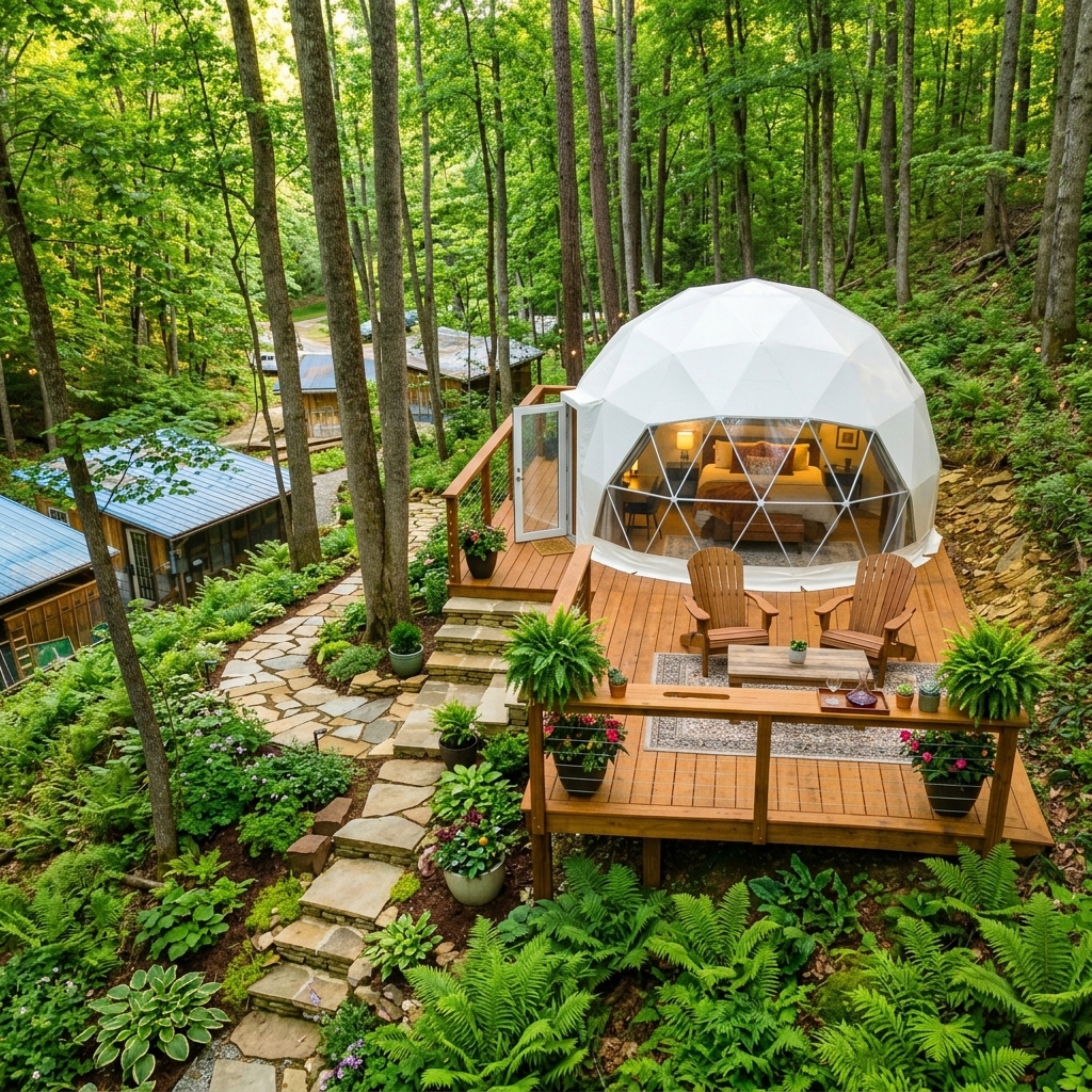 Aerial visualization of domes adjacent to existing camp structures