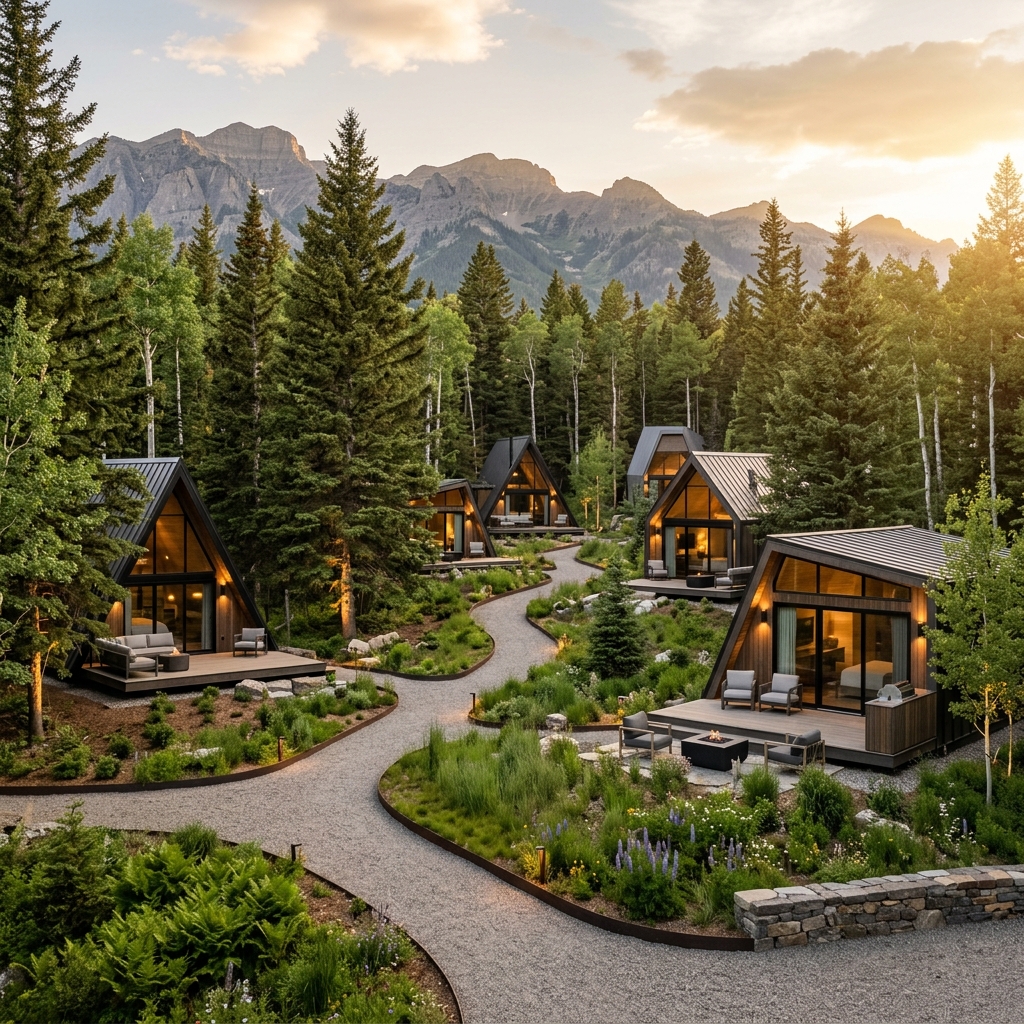 Conceptual render of modernized outdoor hospitality property with premium cabins